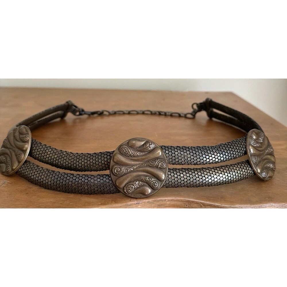 Double Chain Belt Brass 3 Medallion 35 Inch Boho VTG Music Fest Y2K
